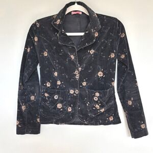 Vintage Women's Small Floral Corduroy Jacket  Button Pockets Casual Fall Coat